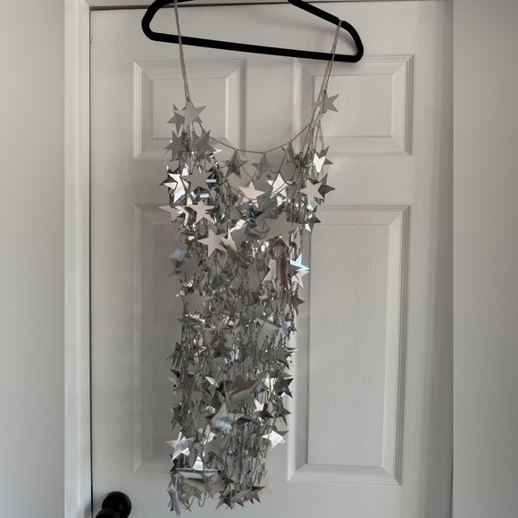 Silver Star Chainmail Mini Dress Festival Rave Metallic Party OS - Picture 6 of 9
